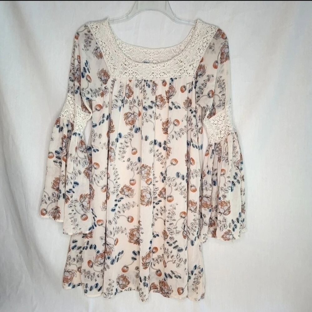Anthropologie Entro M Bishop Sleeve Cream Floral Mini Dress Boho Crochet Peasant